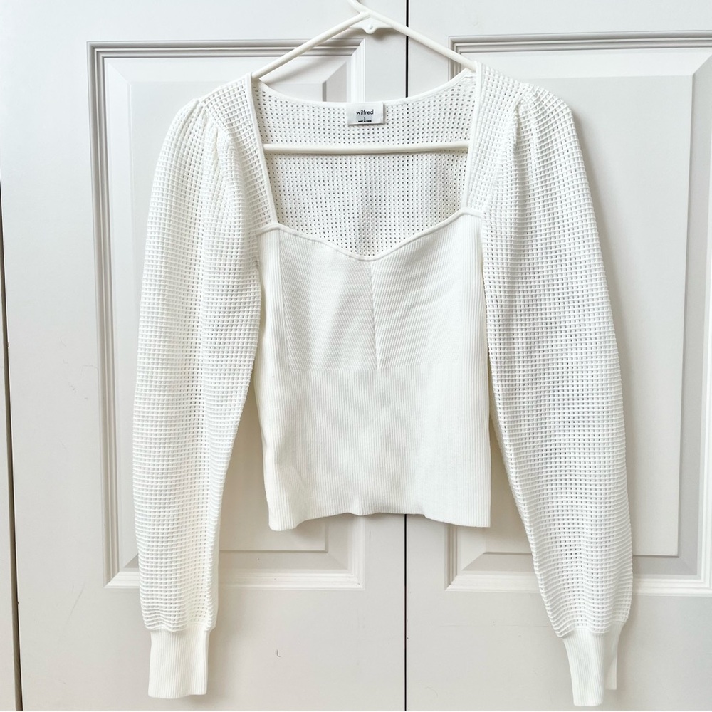 Aritzia Wilfred white sweetheart puff sleeve sweater women’s size small